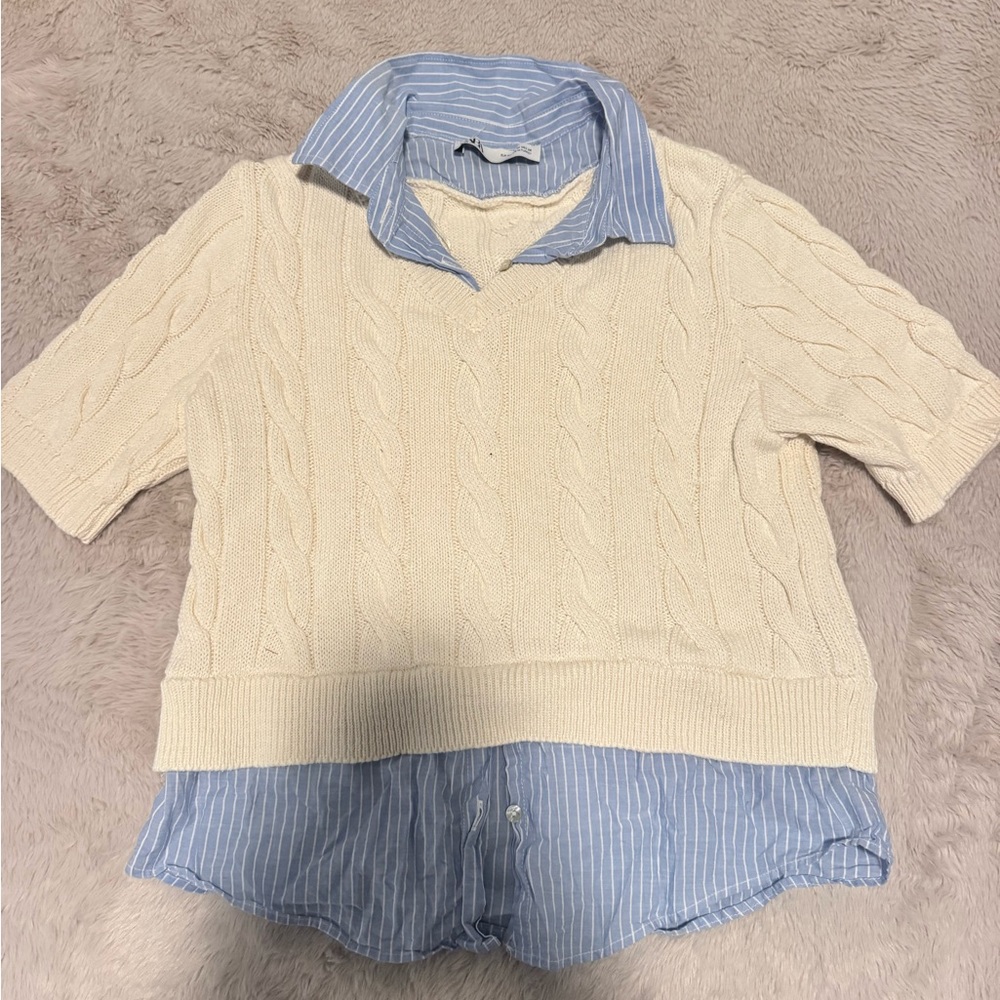Zara Cream Cable Knit Short Sleeve Top with Blue Striped Collar